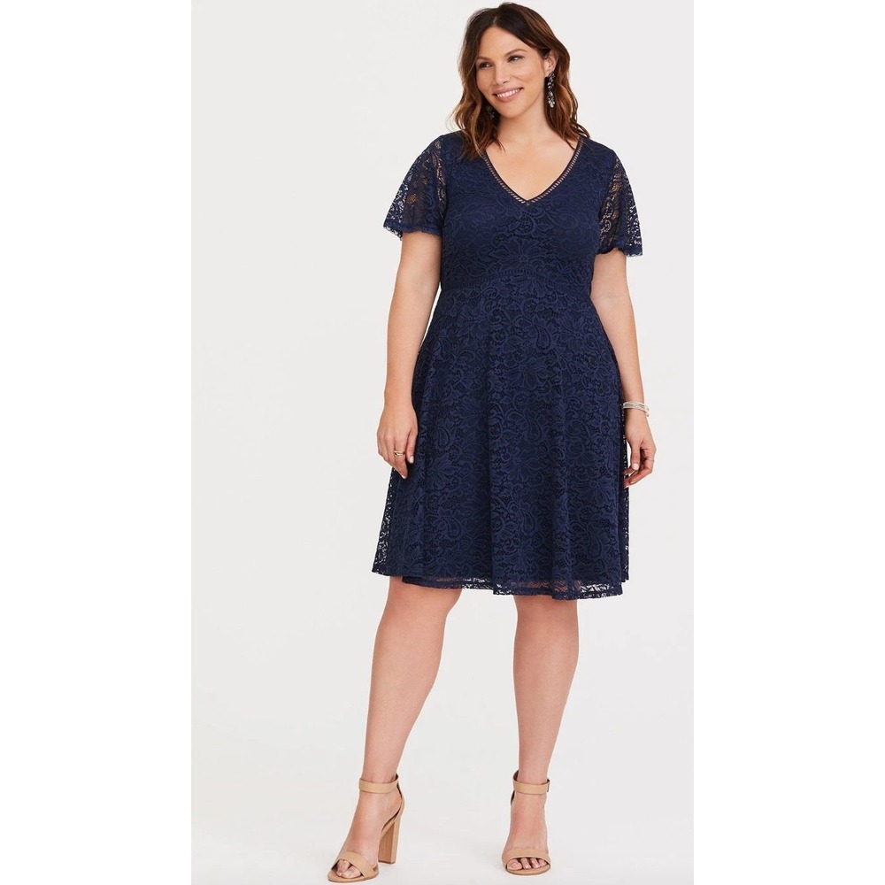 Torrid Lace Dress Womens 22 Navy Blue V-Neck Short Sleeve Fit Flare Formal Party